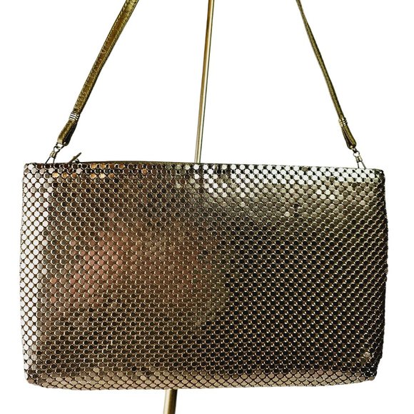 Vintage 1980's Whiting and Davis Gold Metal Mesh High Rise Convertible Crossbody - Picture 6 of 7